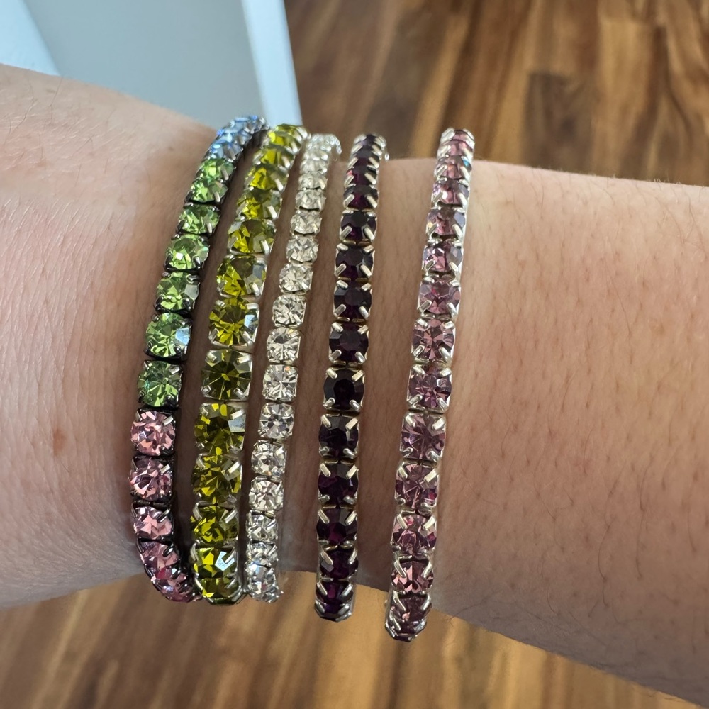 💜💚💖Silver Stretch Bracelet Set with Colored Rhinestones